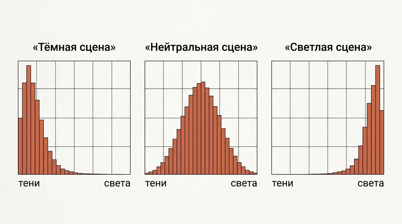 Три гистограммы: тёмная сцена смещена к теням, нейтральная собрана в середине, светлая смещена к светам