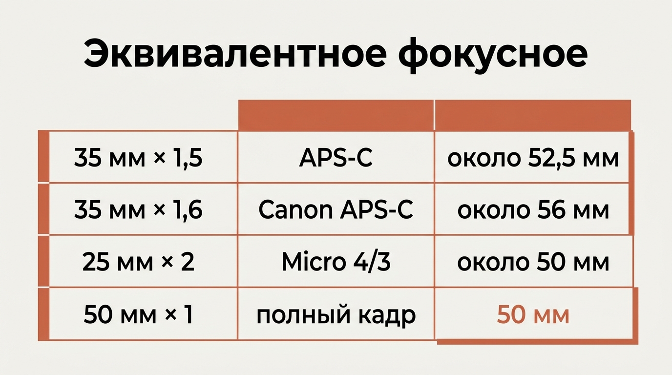 Таблица эквивалентного фокусного: 35 мм на APS-C около 52,5 или 56 мм, 25 мм на Micro 4/3 около 50 мм