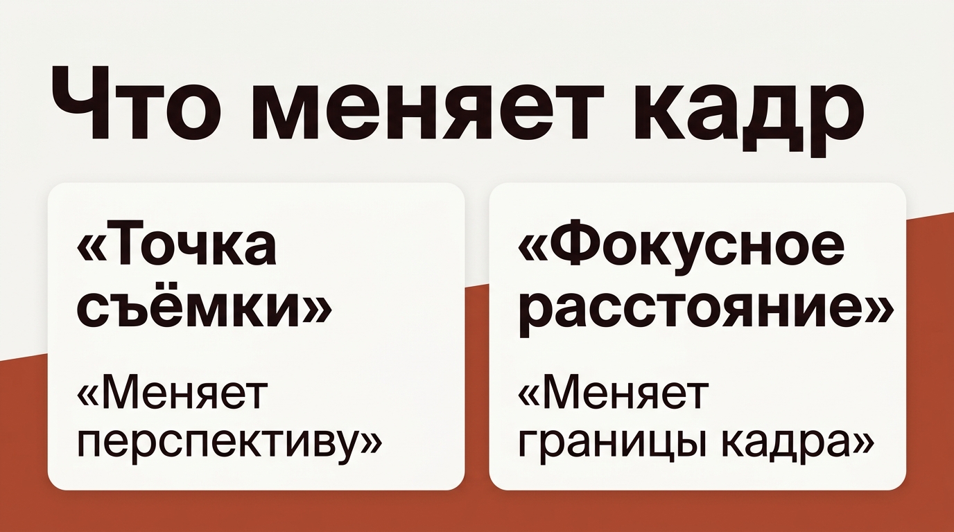 Схема: точка съёмки меняет перспективу, фокусное расстояние меняет границы кадра