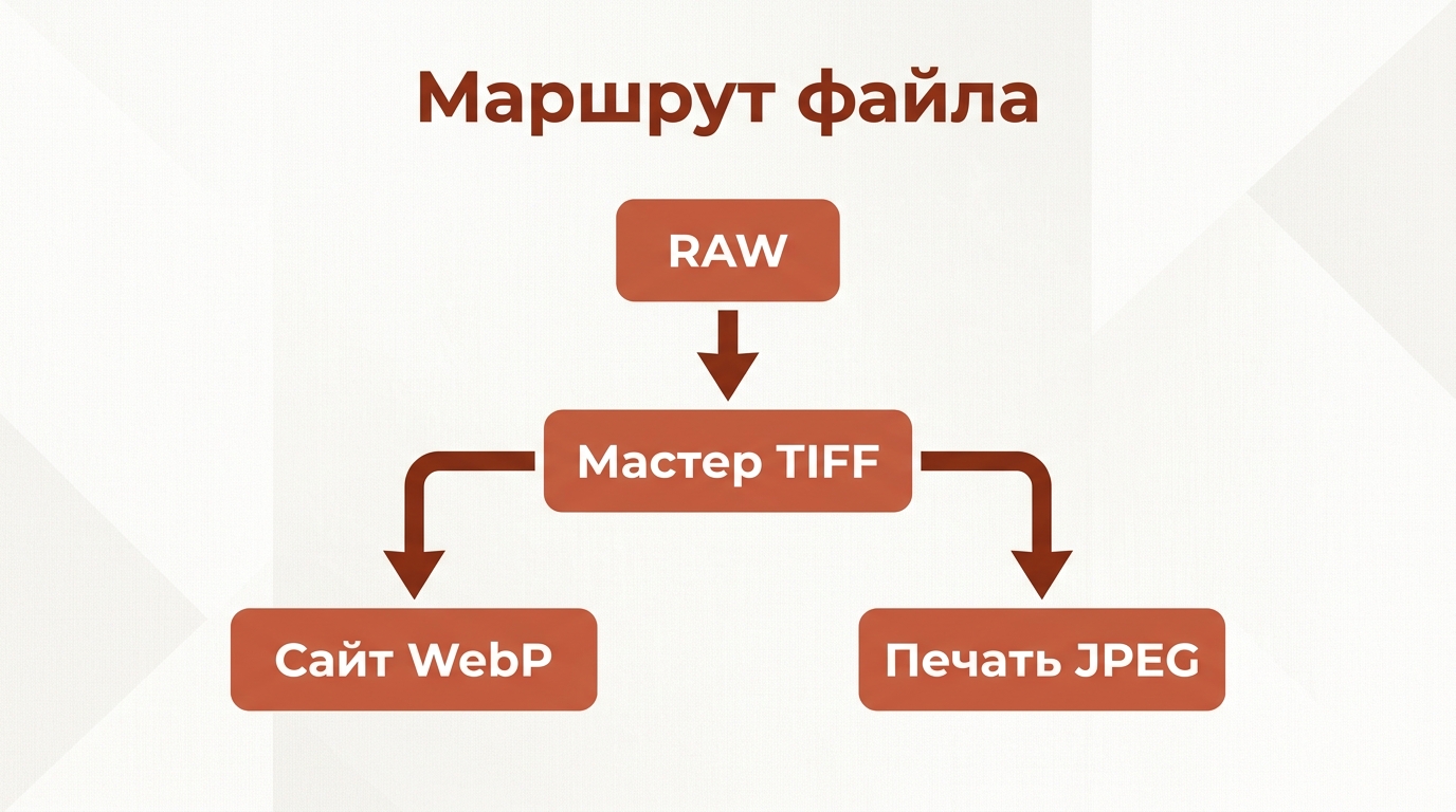 Маршрут файла: RAW, мастер TIFF, затем версии для сайта в WebP и для печати в JPEG