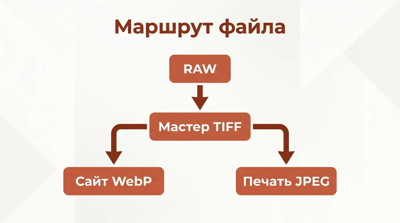 Маршрут файла: RAW, мастер TIFF, затем версии для сайта в WebP и для печати в JPEG