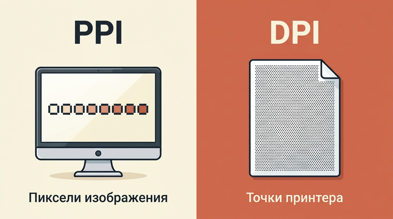Слева PPI — пиксели изображения на дюйм, справа DPI — точки принтера на дюйм