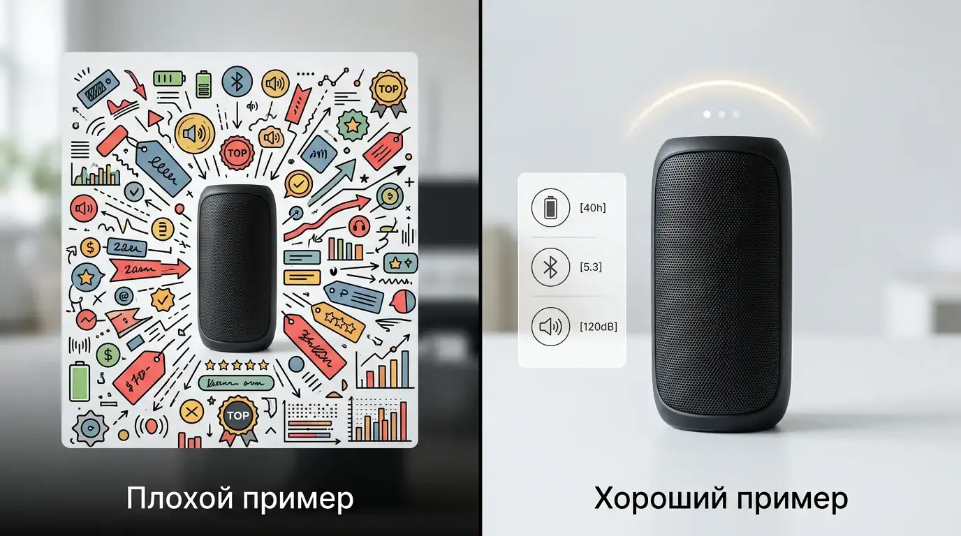 Пример перегруженной карточки товара с избытком текста и графики