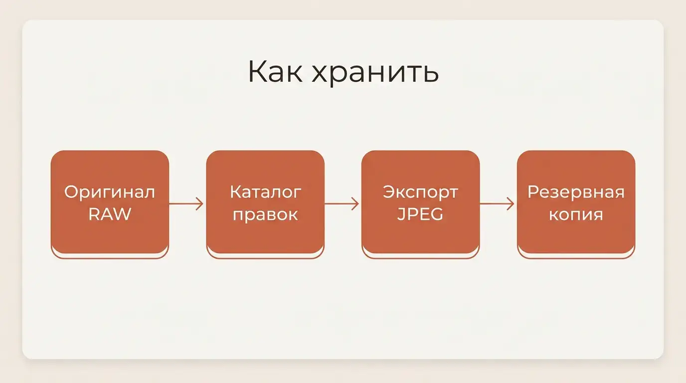 Схема хранения: оригинал RAW, каталог правок, экспорт JPEG и резервная копия