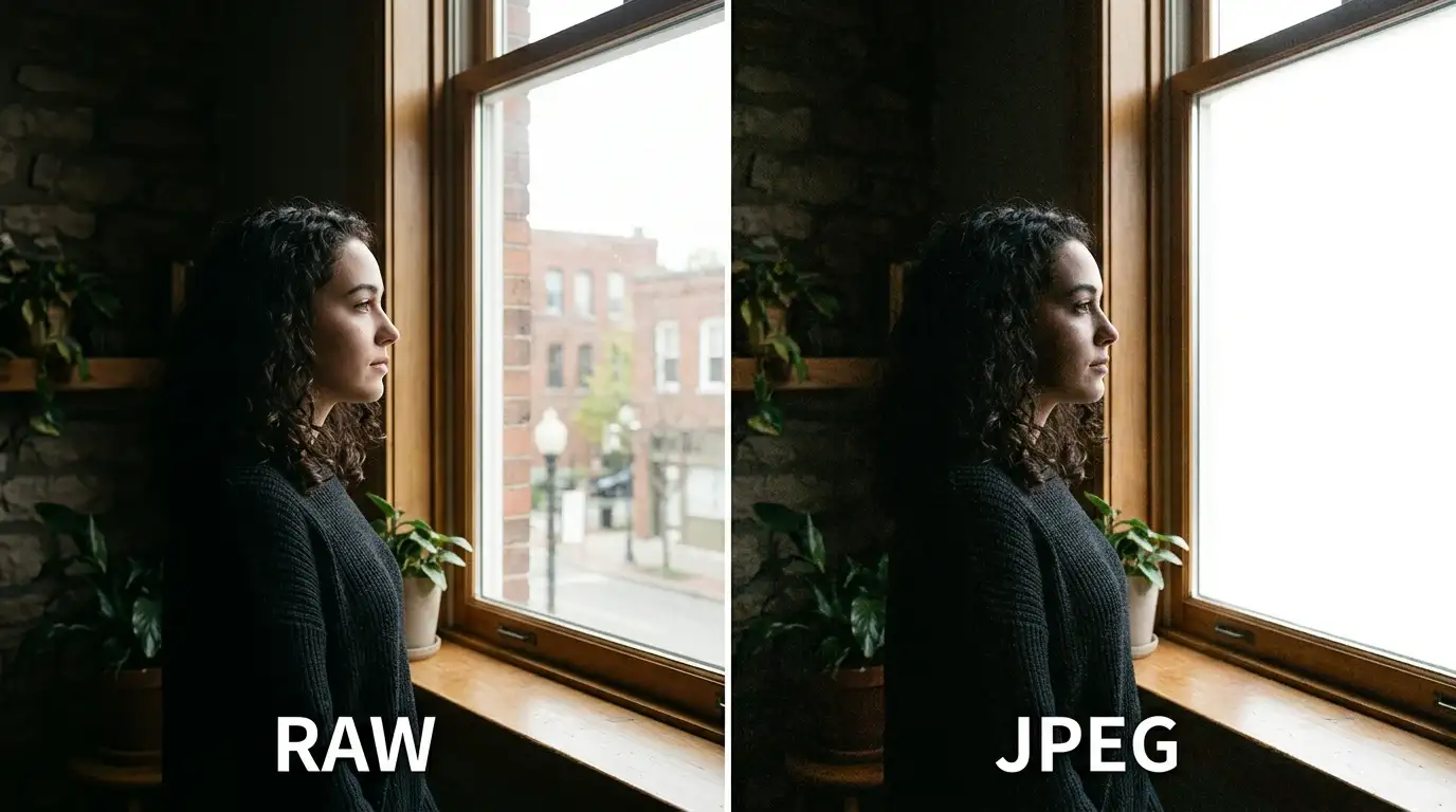 Портрет у яркого окна: в RAW видны лицо и улица, в JPEG окно выбито, а лицо ушло в тень