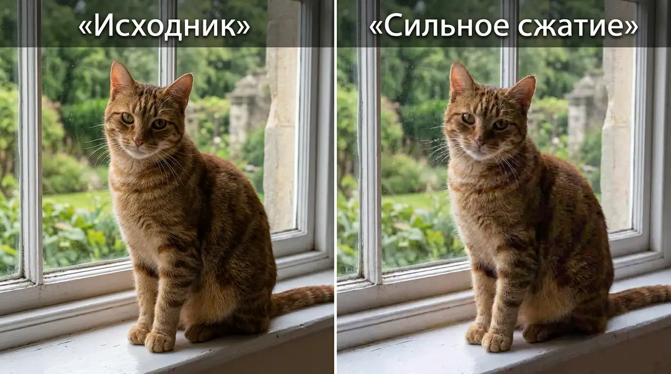 Один и тот же кадр с котом: слева исходник, справа версия с сильными блоками сжатия