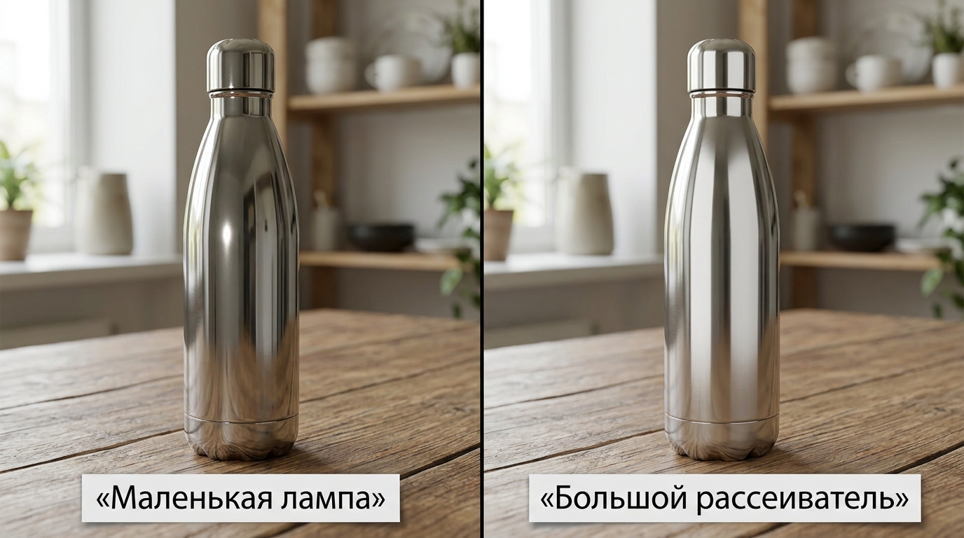 Одна металлическая бутылка: от маленькой лампы блик узкий и рваный, от большого рассеивателя — длинный и ровный