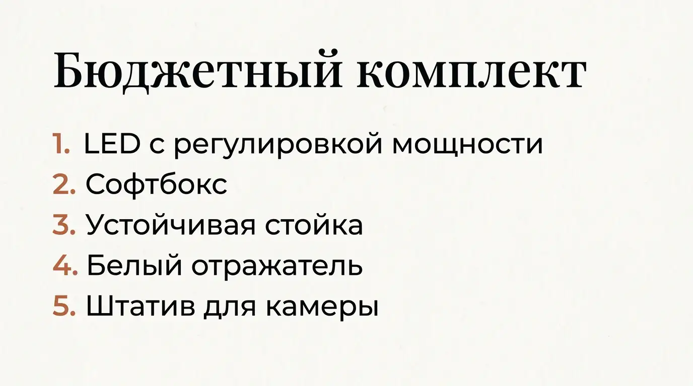 Список из пяти пунктов: LED с регулировкой, софтбокс, стойка, белый отражатель и штатив