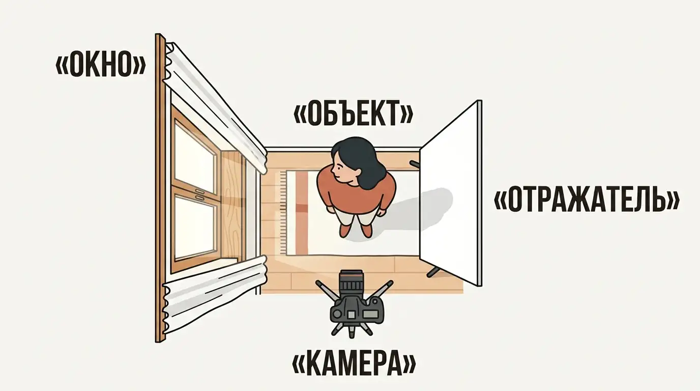Вид сверху: окно слева, человек в центре, белый отражатель справа и камера спереди