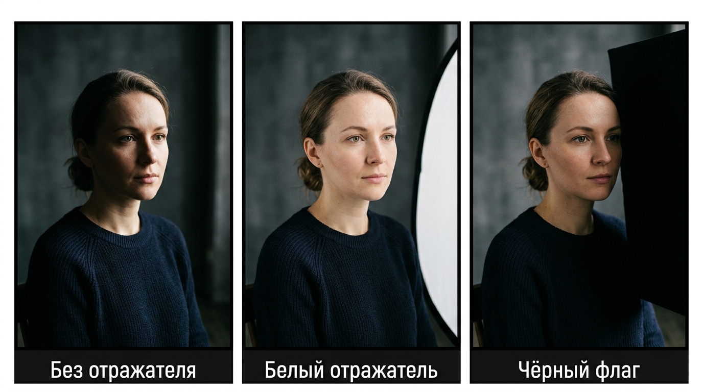 Один портрет трижды: без отражателя тень глубокая, с белым она светлее, с чёрным флагом темнее