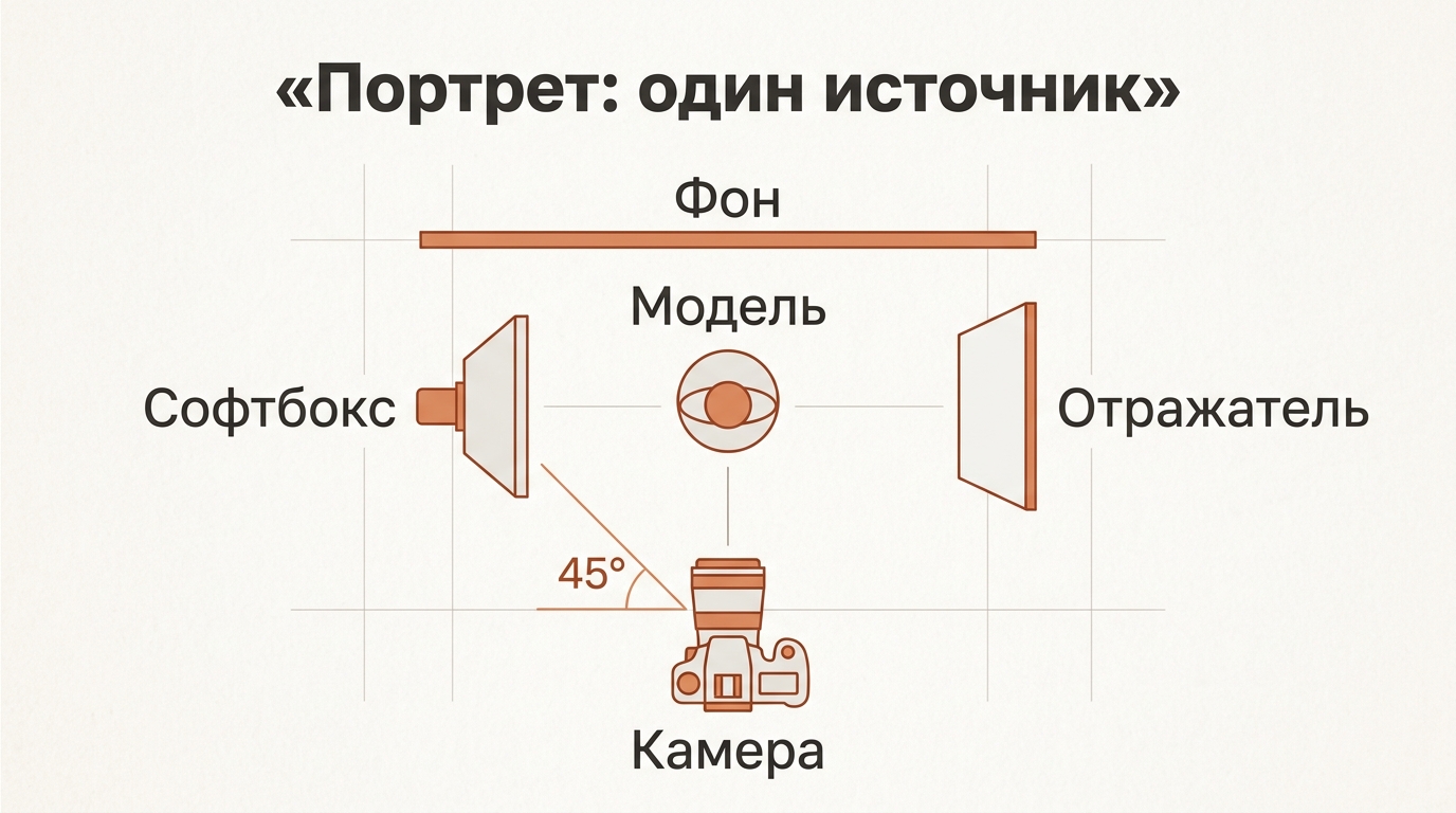 Схема сверху: софтбокс под 45 градусов к модели, отражатель с другой стороны, камера спереди, фон сзади