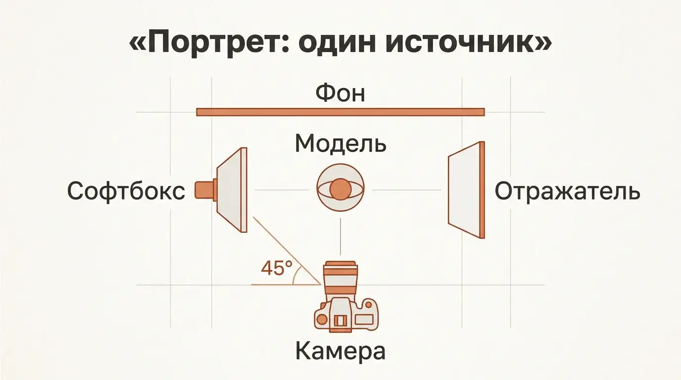 Схема сверху: софтбокс под 45 градусов к модели, отражатель с другой стороны, камера спереди, фон сзади