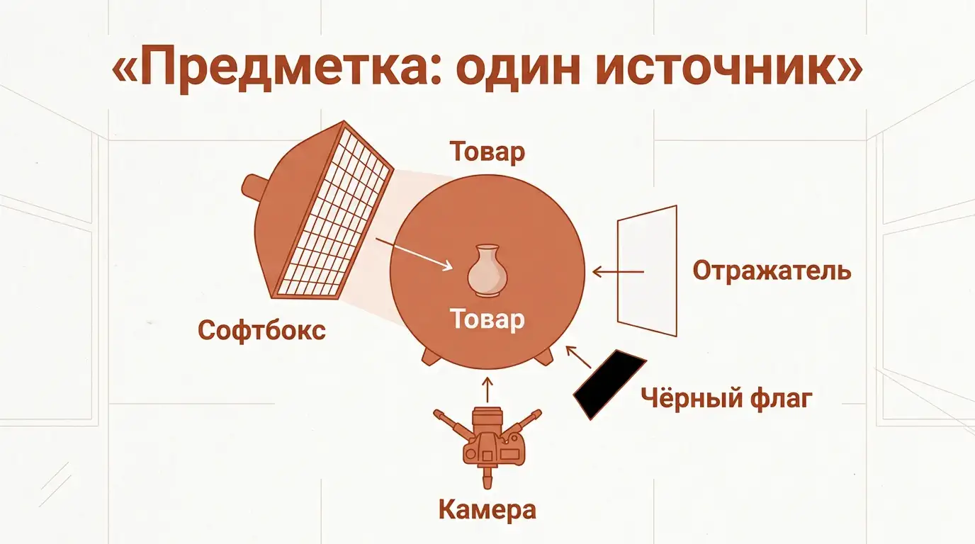 Схема сверху: товар на столе, софтбокс сбоку, отражатель напротив, чёрный флаг и камера на штативе