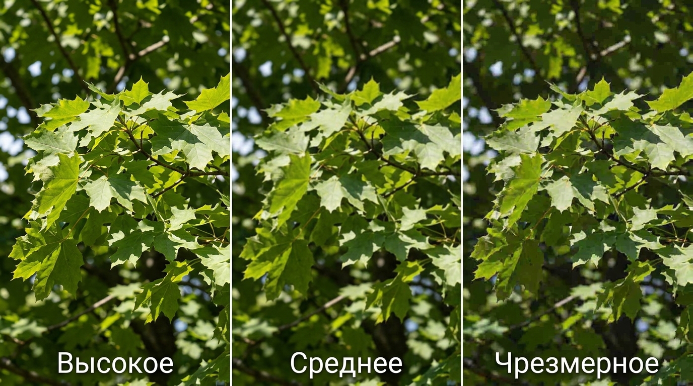 Одни и те же листья при высоком, среднем и чрезмерном сжатии JPEG