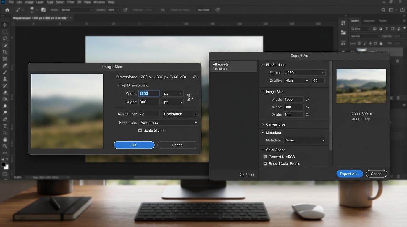 Окна Photoshop Image Size на 1200 на 800 пикселей и Export As в JPEG
