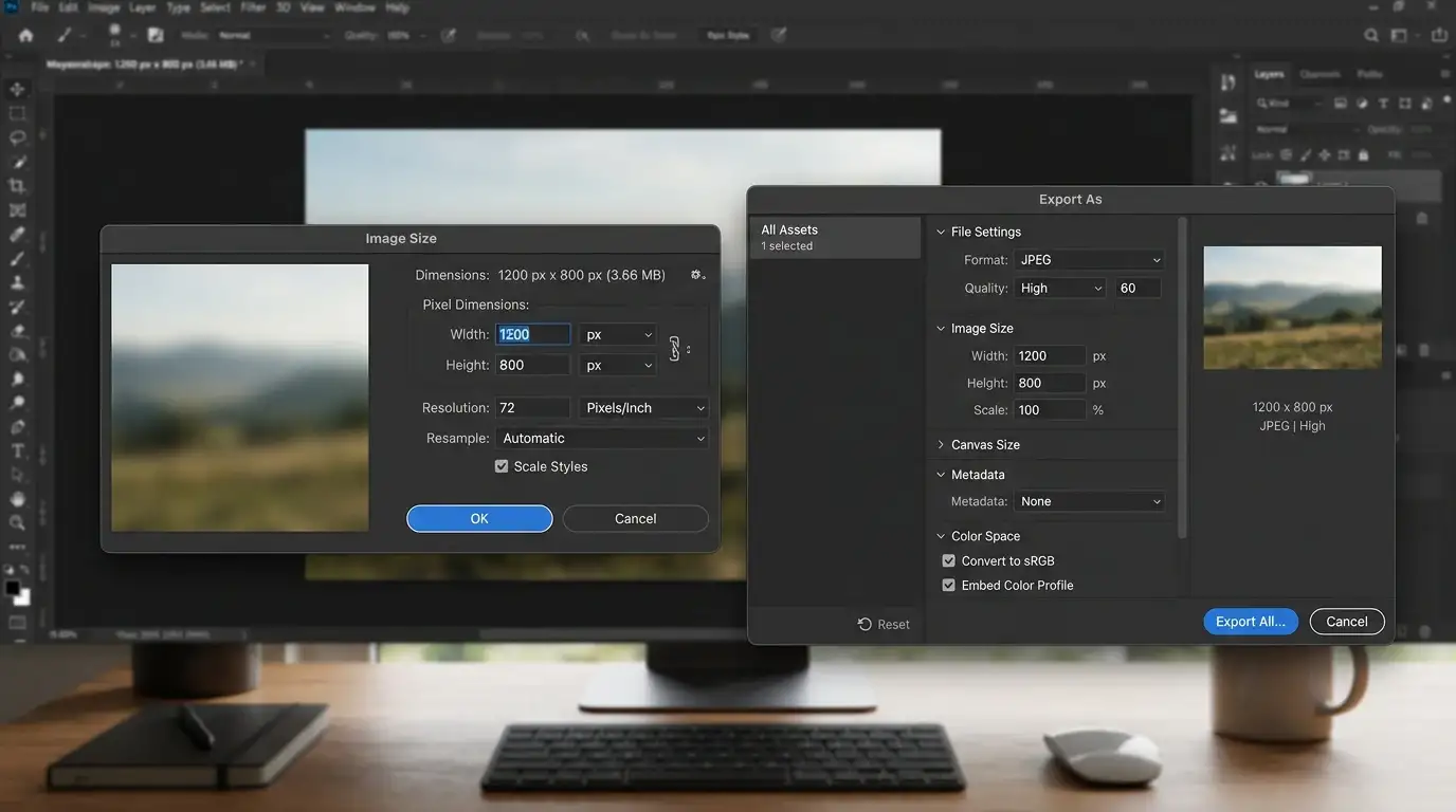 Окна Photoshop Image Size на 1200 на 800 пикселей и Export As в JPEG
